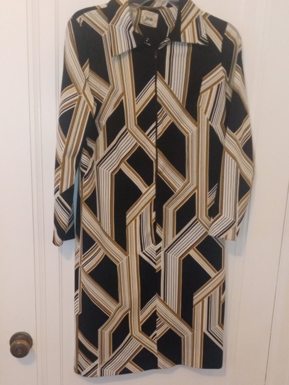 Vintage Black & Tan Geometric Shirt Dress medium  long sleeve, Jamsie